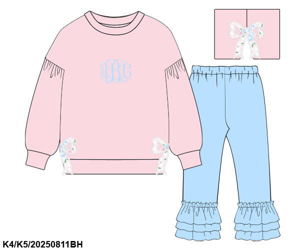 Girls Monogram & Appliqué Bow Pant Set